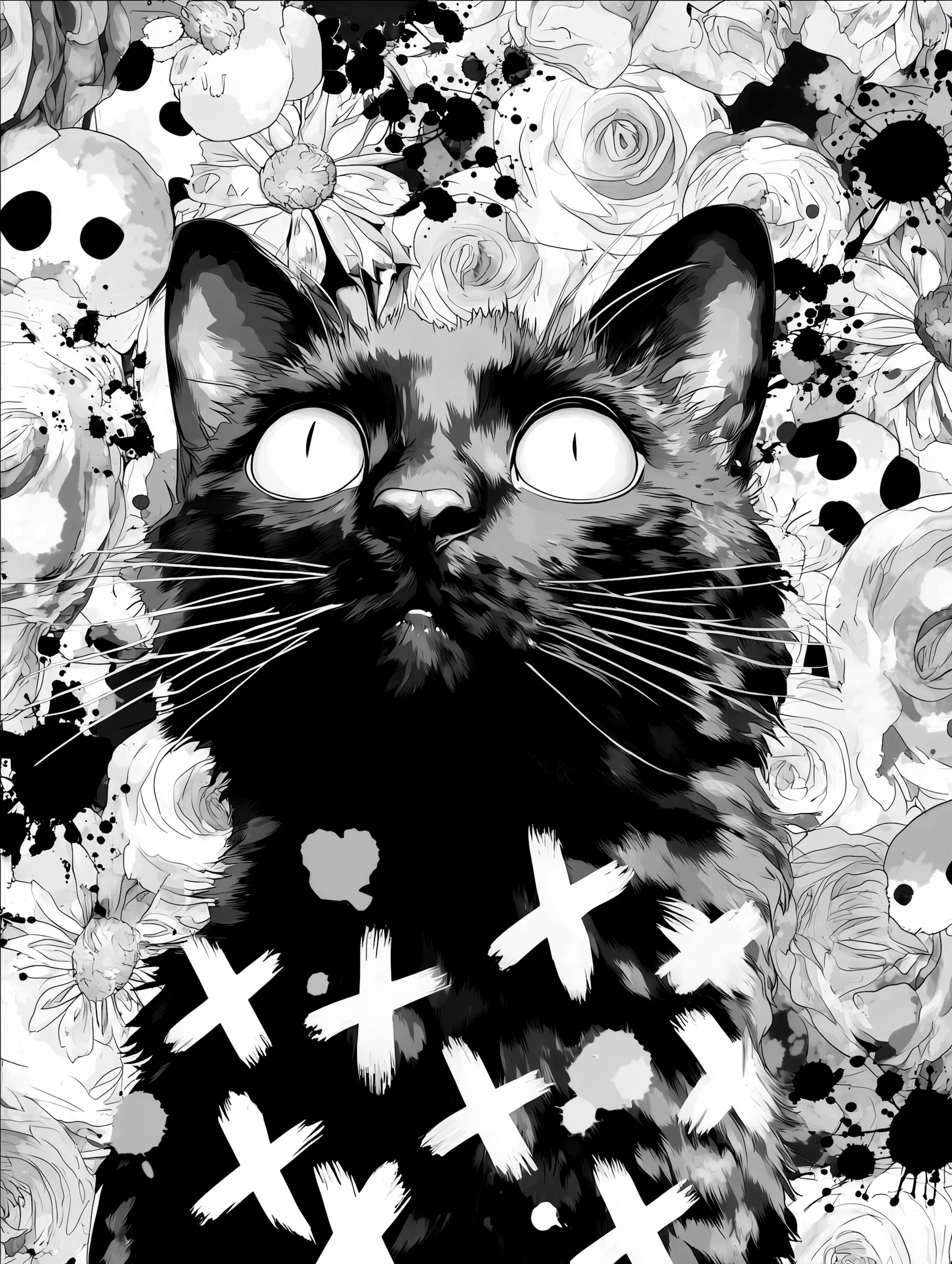 Free printable black cat coloring page for adults featuring white x marks black cat